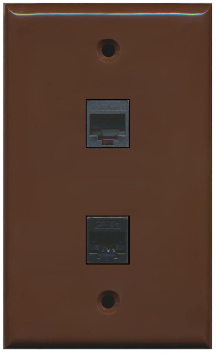 RiteAV - 1 RJ11 RJ12 Black Phone Port and 1 Cat5e Ethernet Port Wall Plate - Brown - Bracket Included
