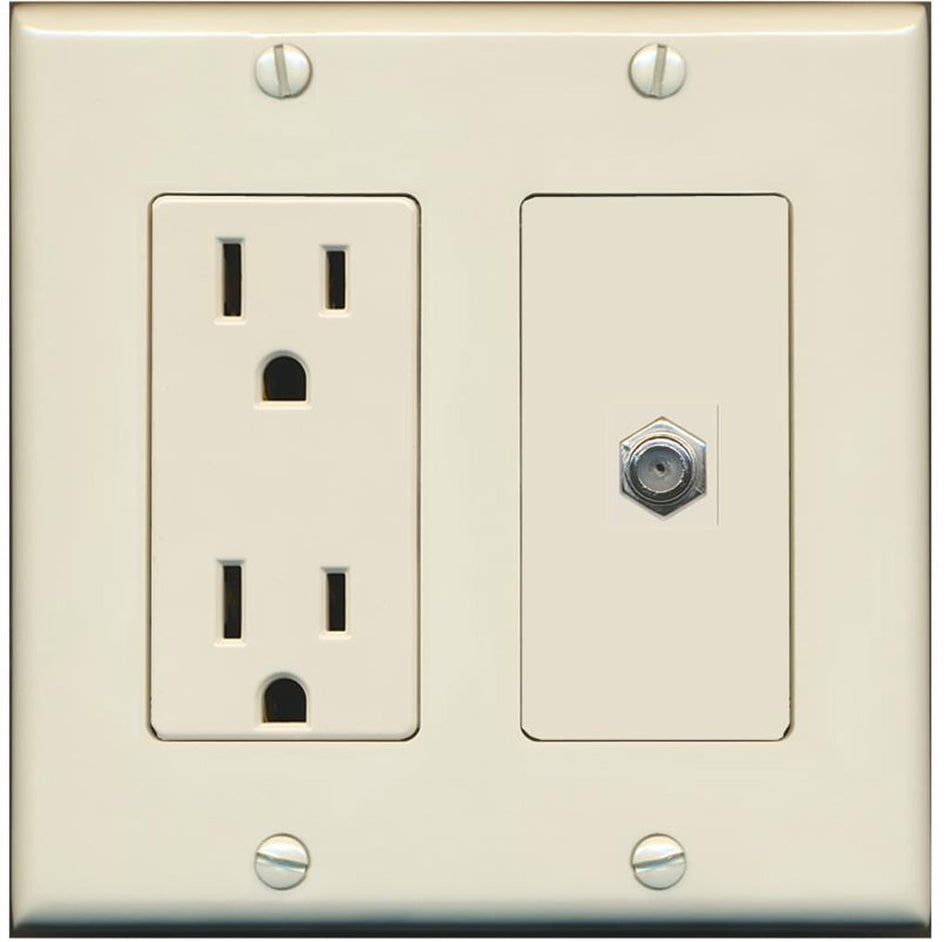 RiteAV - 15 Amp Power Outlet and 1 Port Coax Cable TV- F-Type Decorative Type Wall Plate - Light Almond