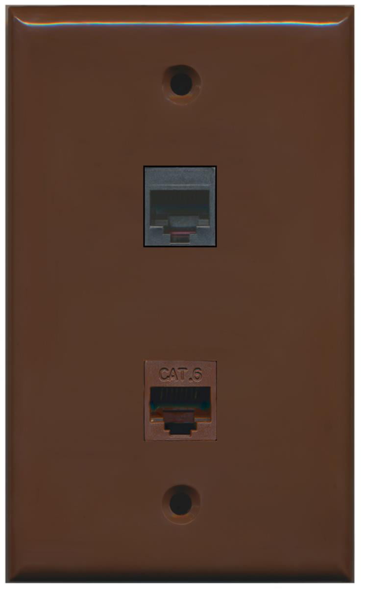 RiteAV - 1 RJ11 RJ12 Black Phone Port and 1 Cat6 Ethernet Port Wall Plate - Brown - Bracket Included