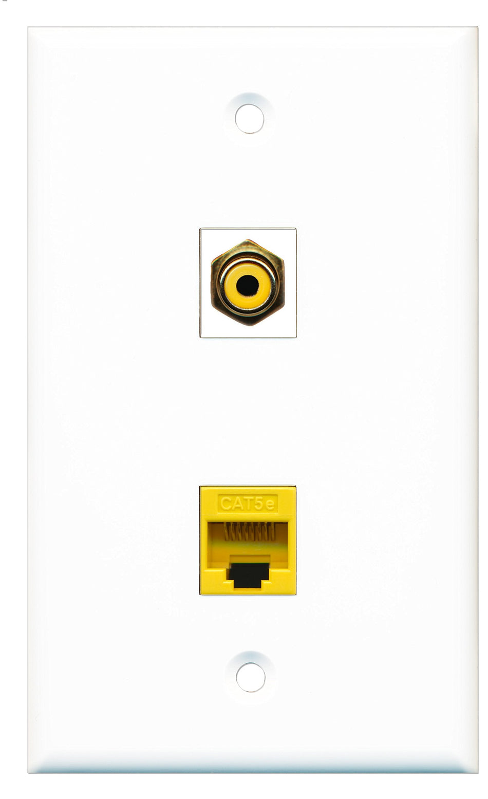 RiteAV - 1 Port RCA Yellow - 1 Port Cat5e Ethernet Yellow Wall Plate White - Bracket Included