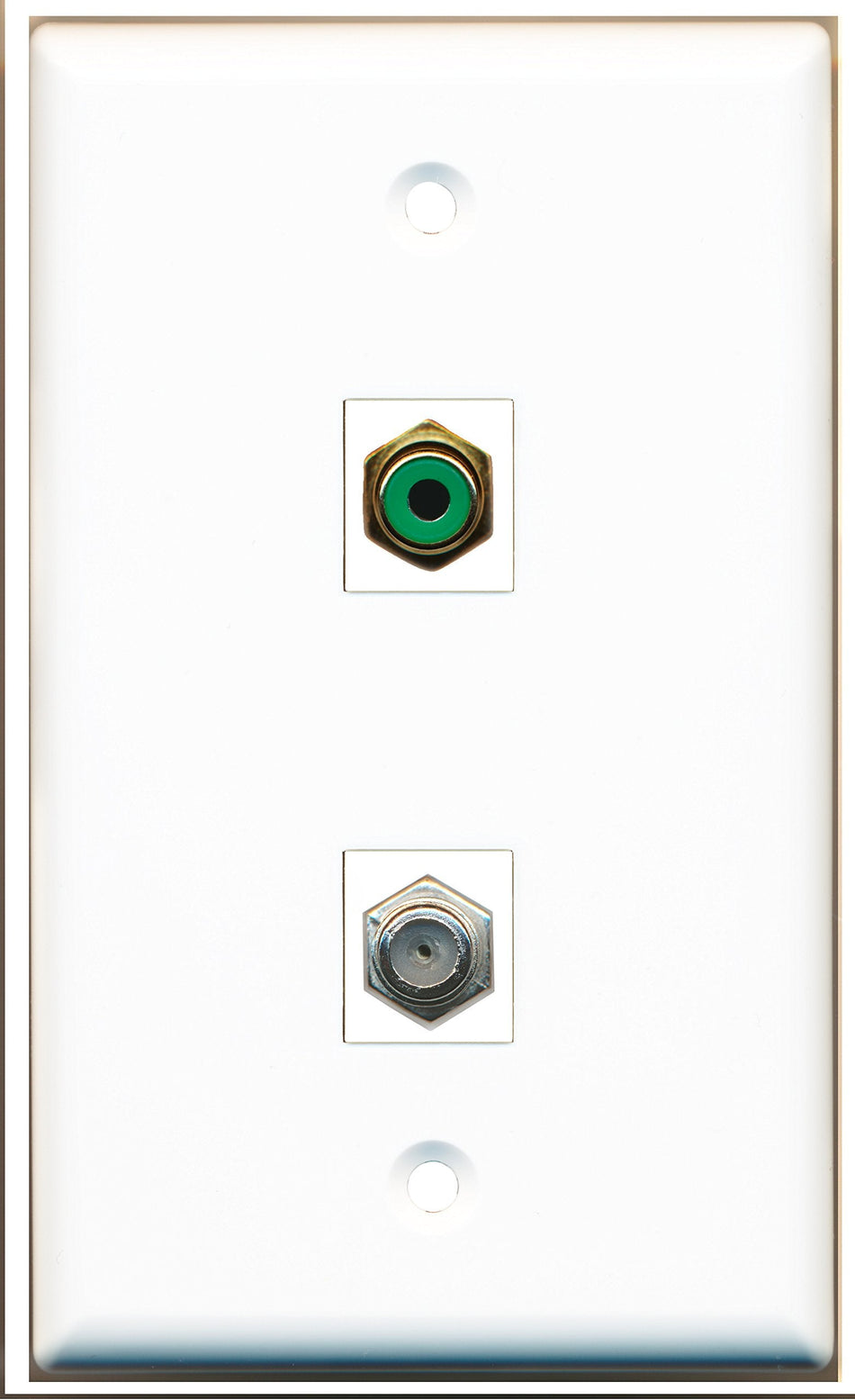 RiteAV - 1 x RCA Green and 1 x Coax F-Type Cable TV Port Wall Plate White - Bracket Included