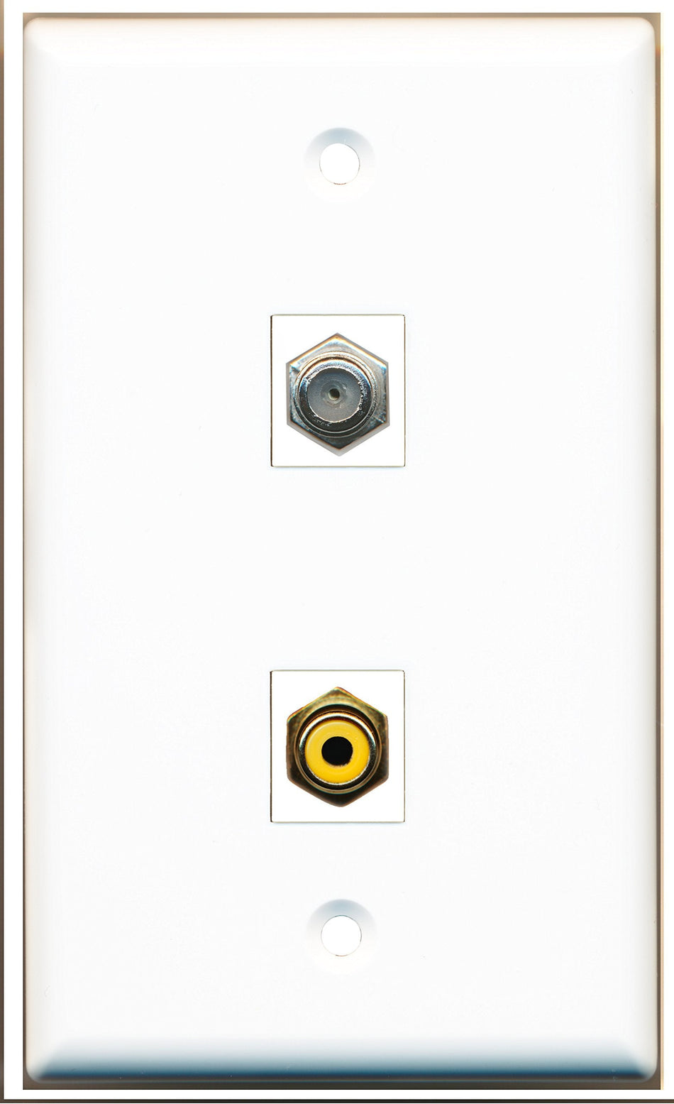 RiteAV - 1 Port RCA Yellow - 1 Port Coax Port Cable TV F Type Wall Plate White - Bracket Included