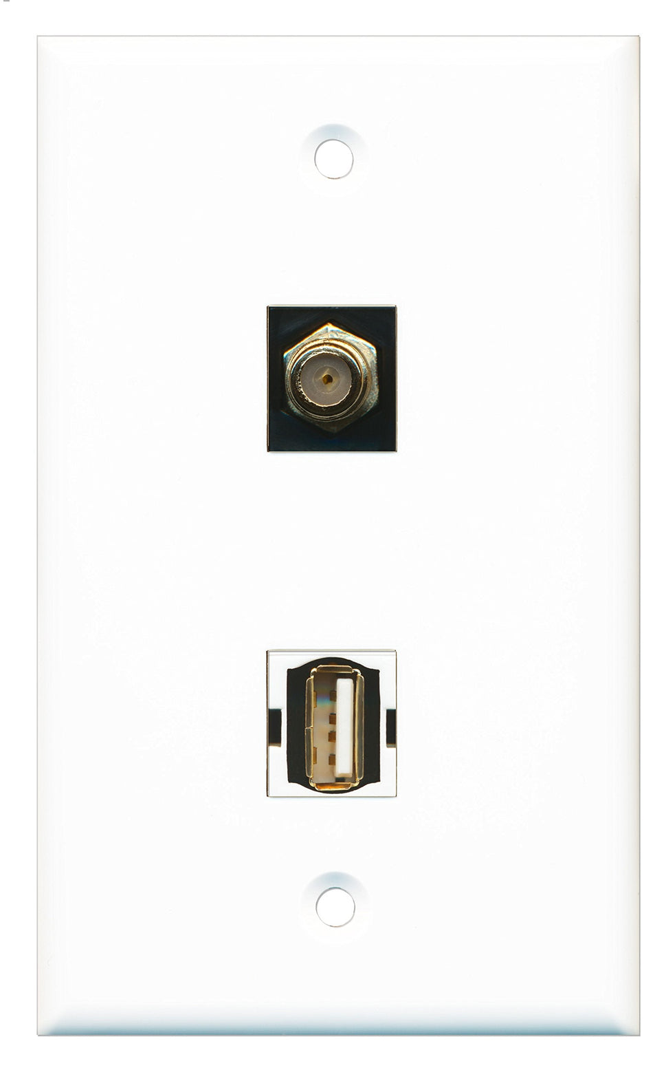RiteAV - 1 Port USB A-A 1 Port Coax Cable TV- F-Type Black Wall Plate - Bracket Included