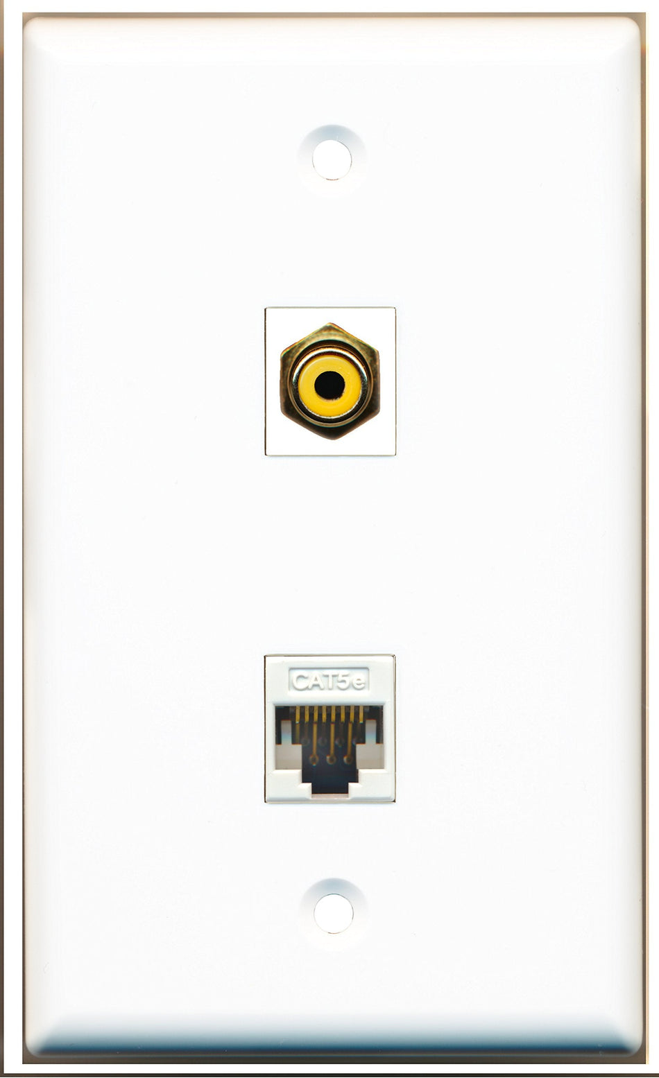 RiteAV - 1 Port RCA Yellow - 1 Port Cat5e Ethernet White Wall Plate White - Bracket Included