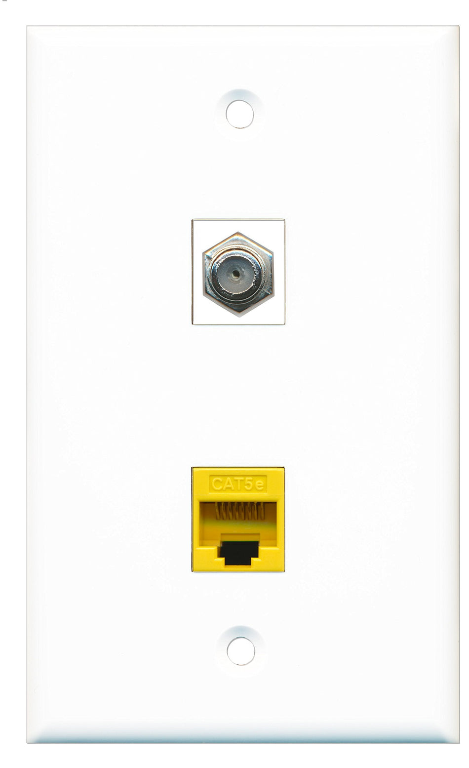 RiteAV - 1 Port Coax Port Cable TV F Type - 1 Port Cat5e Ethernet Yellow Wall Plate White - Bracket Included