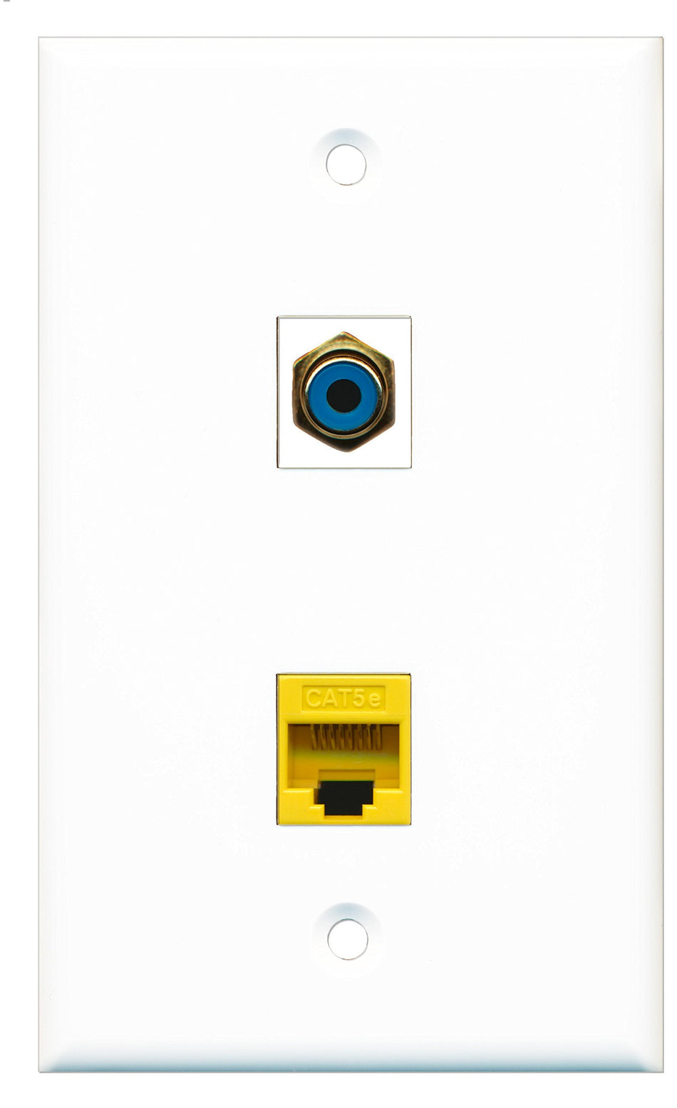 RiteAV - 1 Port RCA Blue - 1 Port Cat5e Ethernet Yellow Wall Plate White - Bracket Included