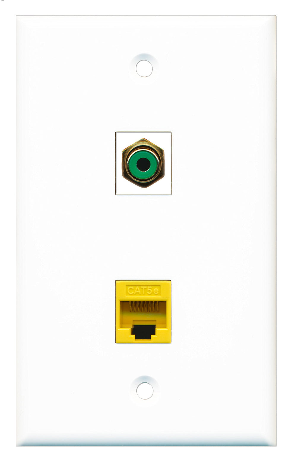 RiteAV - 1 Port RCA Green - 1 Port Cat5e Ethernet Yellow Wall Plate White - Bracket Included