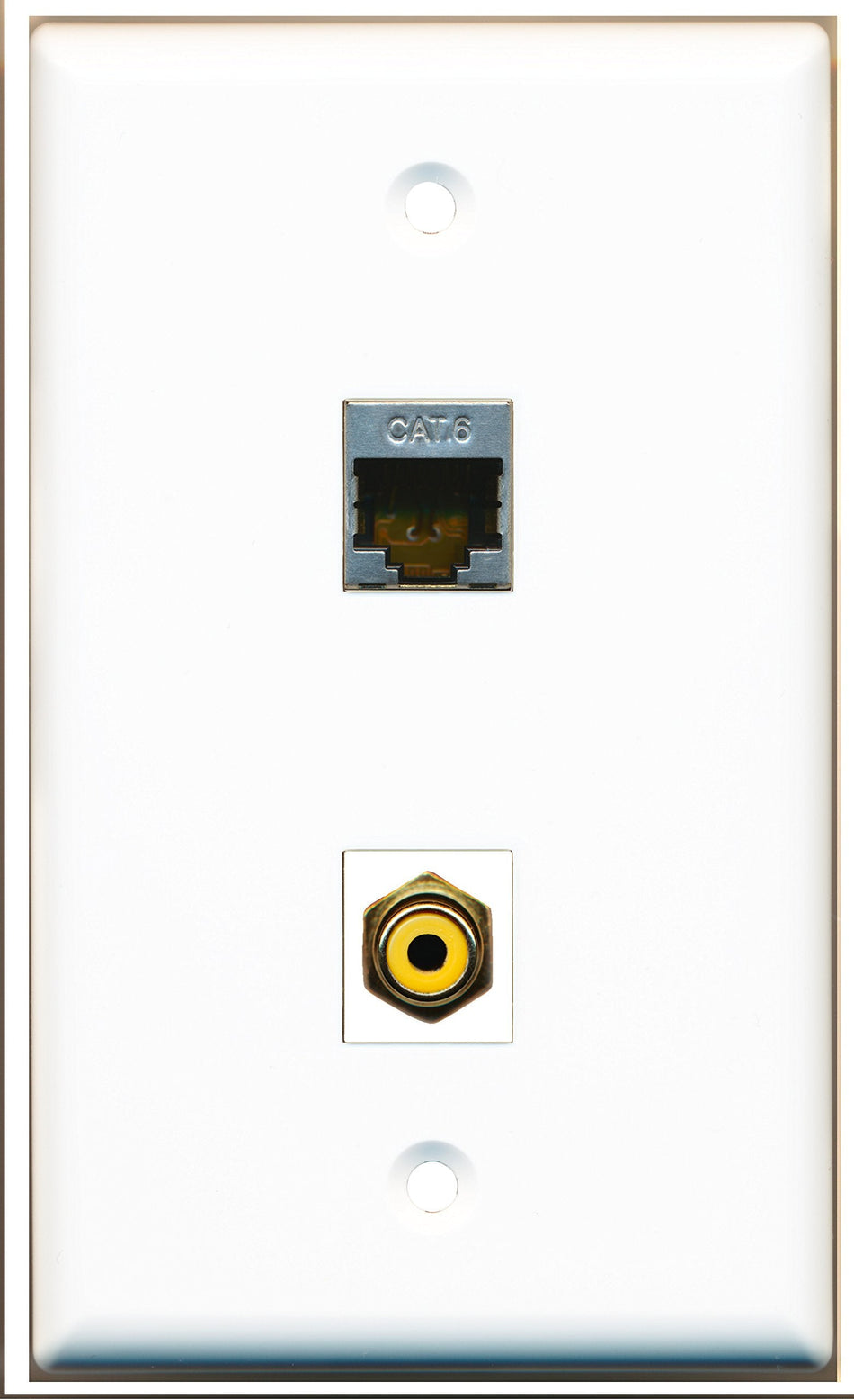 RiteAV - 1 Port RCA Yellow - 1 Port Shielded Cat6 Ethernet Wall Plate White - Bracket Included