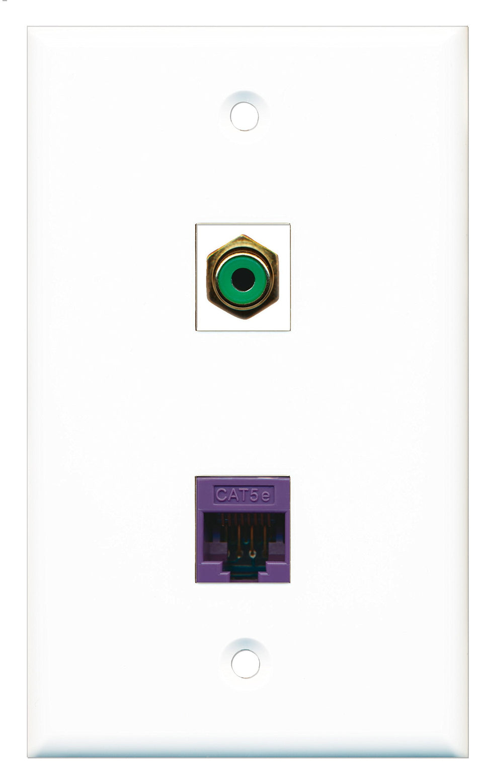 RiteAV - 1 Port RCA Green - 1 Port Cat5e Ethernet Purple Wall Plate White - Bracket Included