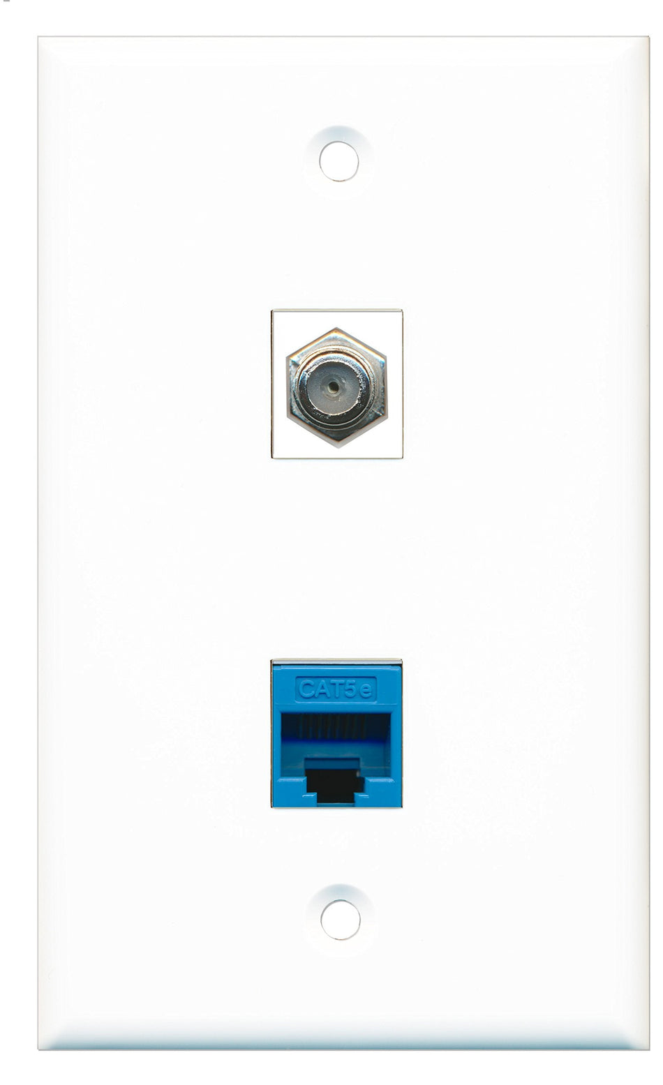 RiteAV - 1 Port Coax Port Cable TV F Type - 1 Port Cat5e Ethernet Blue Wall Plate White - Bracket Included