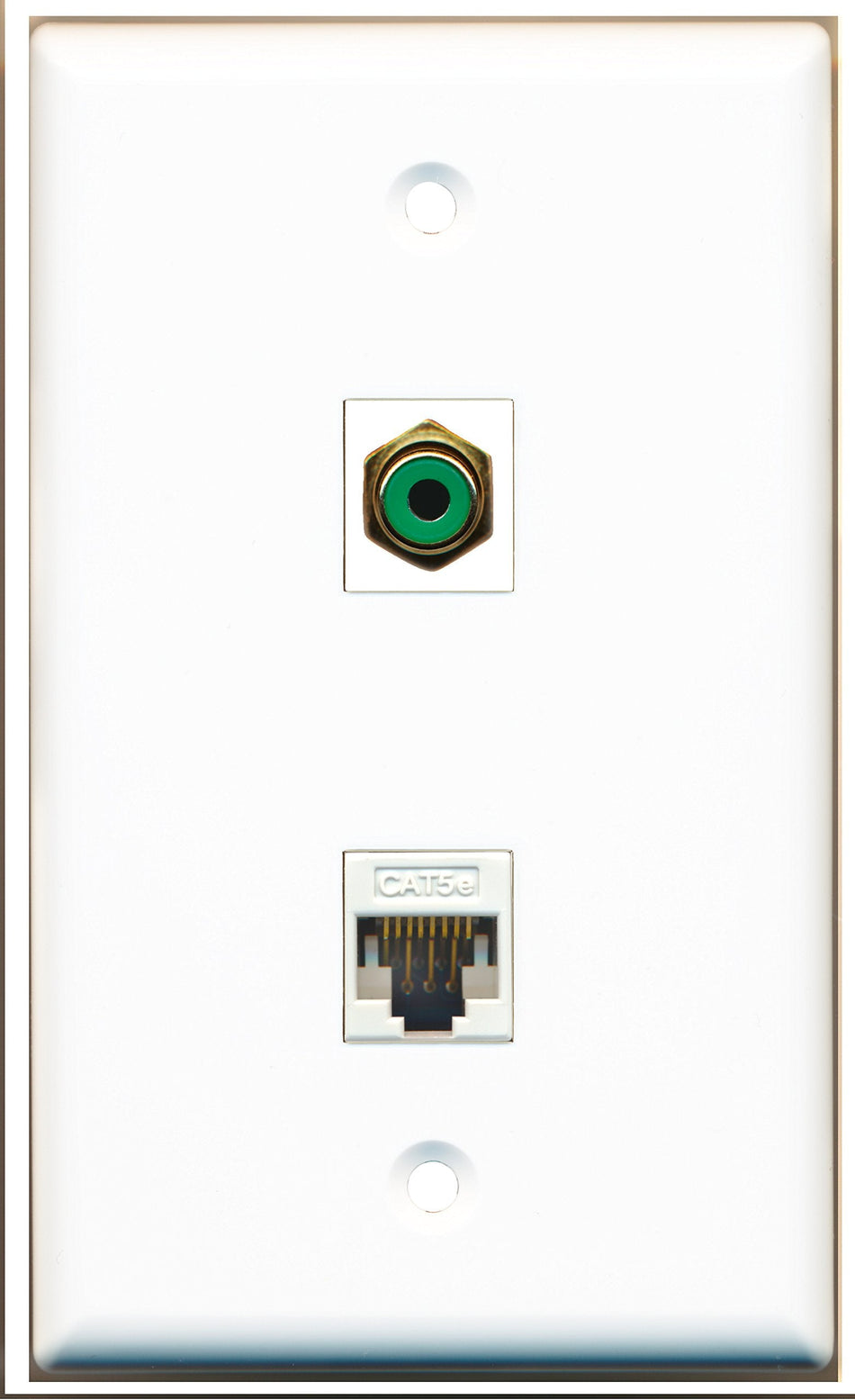 RiteAV 1 RCA Green Subwoofer Audio 1 Cat5e White Ethernet Port Wall Plate - Bracket Included