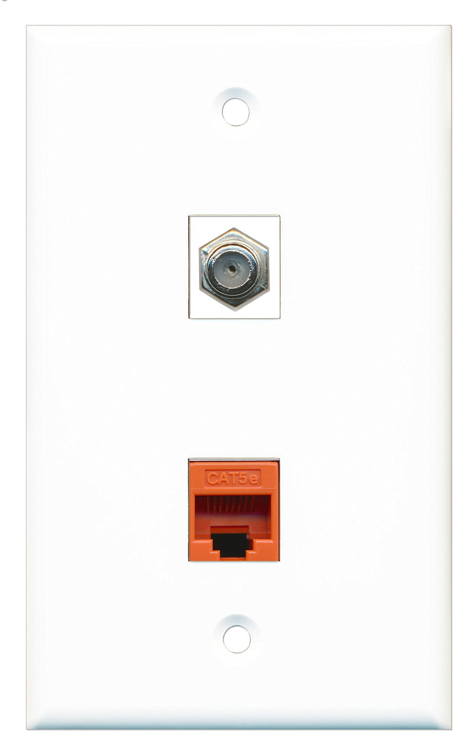 RiteAV - 1 Port Coax Port Cable TV F Type - 1 Port Cat5e Ethernet Orange Wall Plate White - Bracket Included