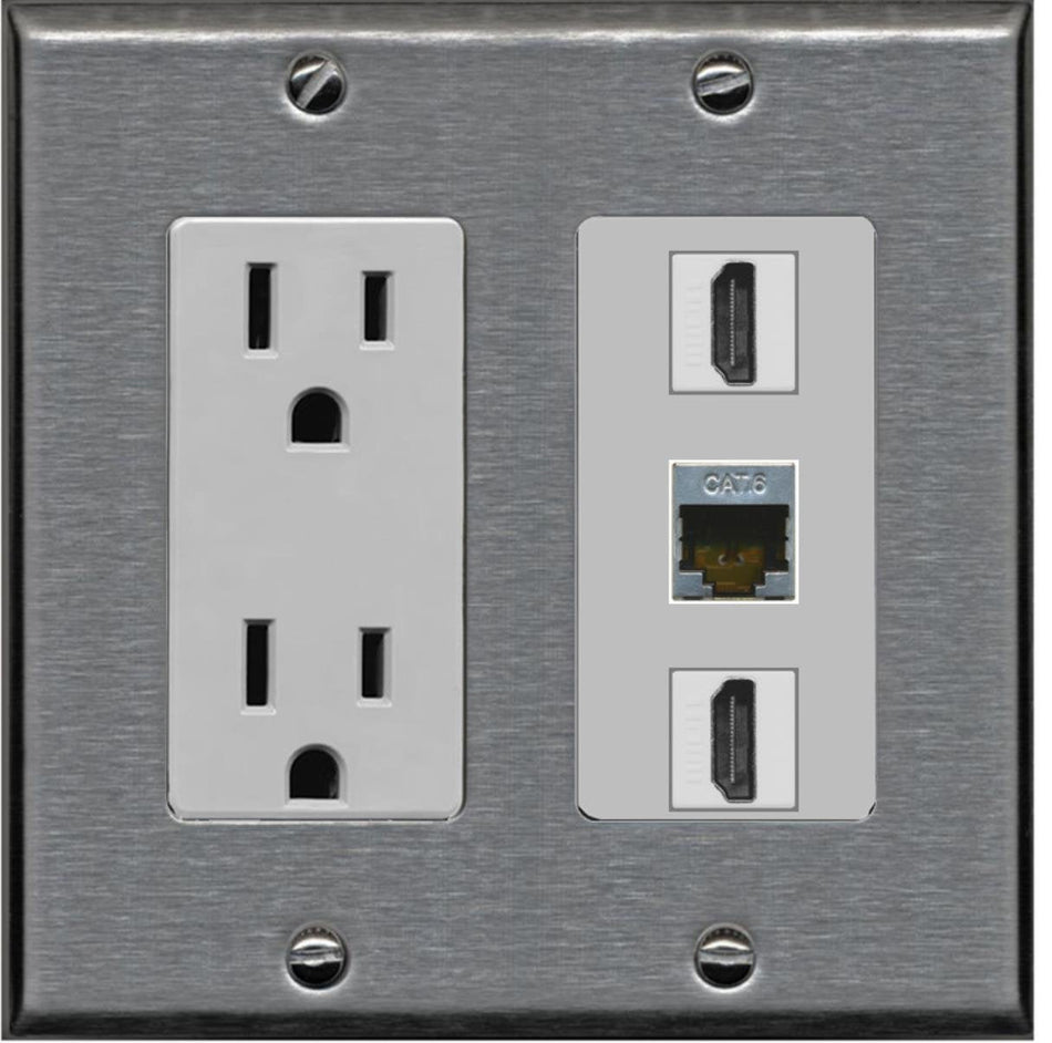RiteAV - 15 Amp Power Outlet 2 Port HDMI 1 Port Shielded Cat6 Decorative Wall Plate - Stainless Steel/Gray