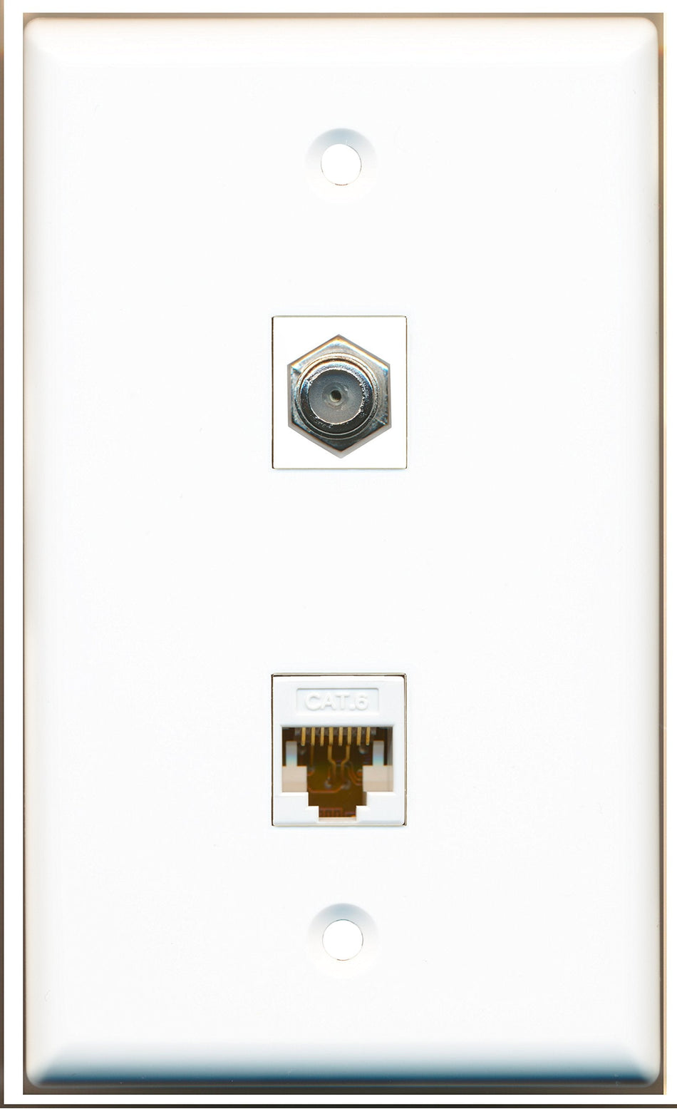 RiteAV - 1 Port Coax 1 Port Cat6 White Wall Plate White - Bracket Included