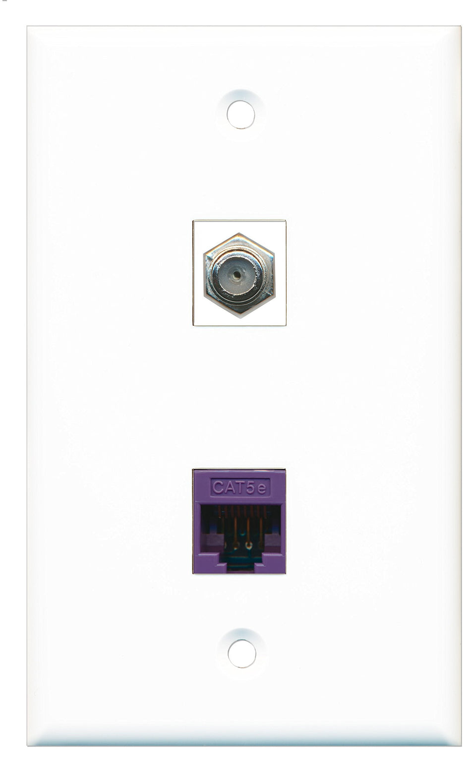 RiteAV - 1 Port Coax Port Cable TV F Type - 1 Port Cat5e Ethernet Purple Wall Plate White - Bracket Included