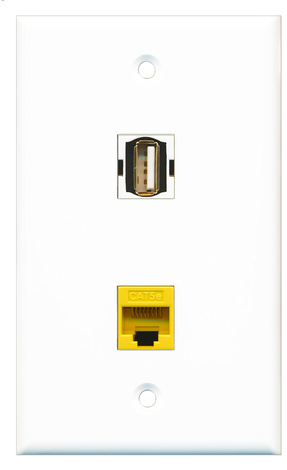 RiteAV - 1 Port USB A-A - 1 Port Cat5e Ethernet Yellow Wall Plate White - Bracket Included