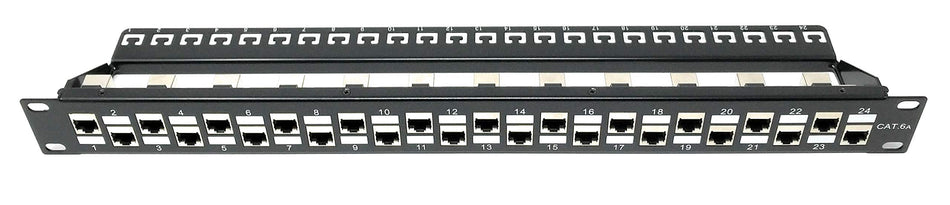 Ultra Spec - Premium 1U 24 Port Cat6A Mini Shielded Patch Panel Pro RJ45 110 Network No Rust, Durable (RJ45 Straight) with Cable Management Bar
