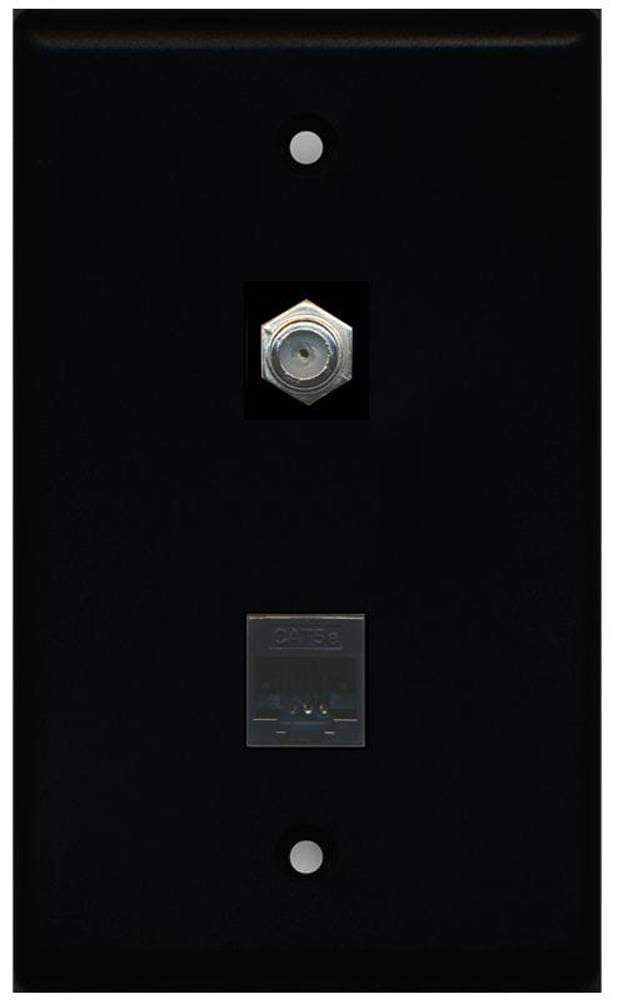RiteAV - 1 Coax F Type and 1 Cat5e Ethernet Port Wall Plate - Black - Bracket Included
