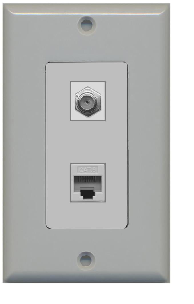 RiteAV - 1 Coax Cable TV F and 1 Cat6 Ethernet Wall Plate Decorative - Gray/Gray - Bracket Included