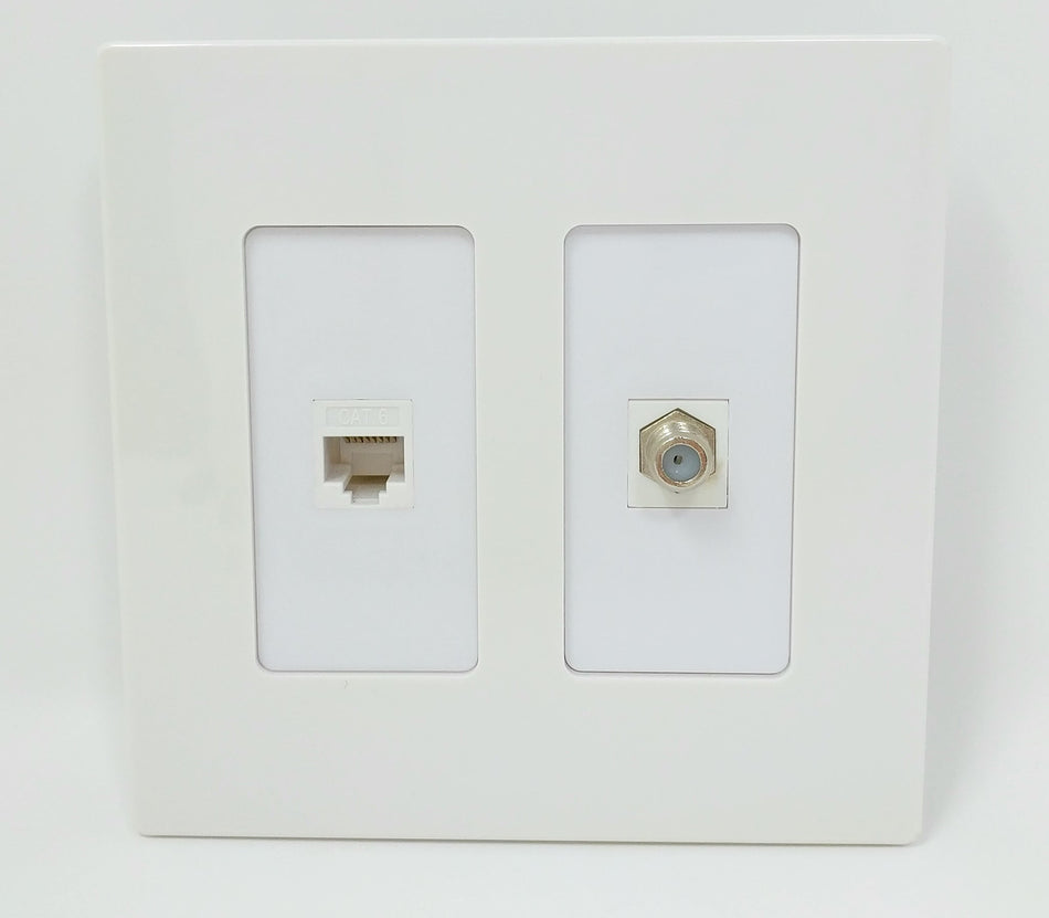 RiteAV - 1 Port Coax Cable TV- F-Type 1 Port Cat6 Ethernet Dual Gang Screwless Wall Plate - White