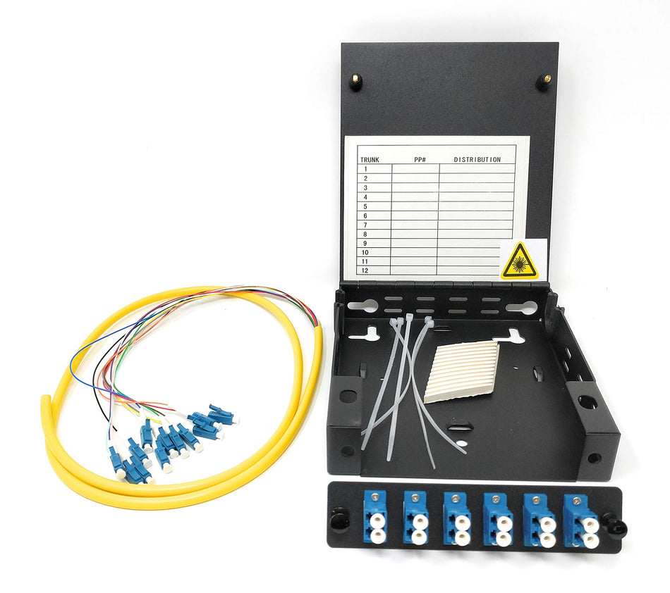 Ultra Spec Cables 12 Port Wall Mount Fiber Enclosure with Splicing Module Singlemode LC-UPC Kit (includes a 1 Meter 12 Strand LC-UPC Pigtail and 6 Port Duplex LGX Loaded Panel