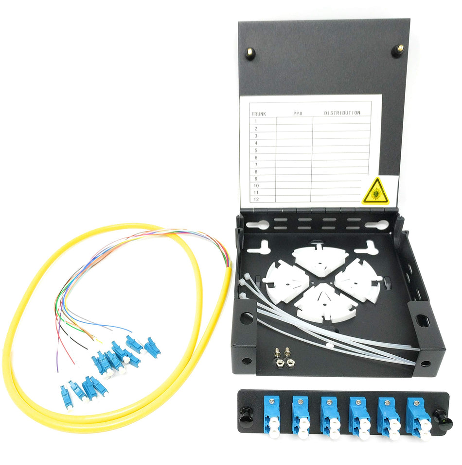 Ultra Spec Cables 12 Port Wall Mount Fiber Enclosure with Spool Singlemode LC-UPC Kit (Includes a 1 Meter 12 Strand LC-UPC Pigtail and 6 Port Duplex LGX Loaded Panel for Splice
