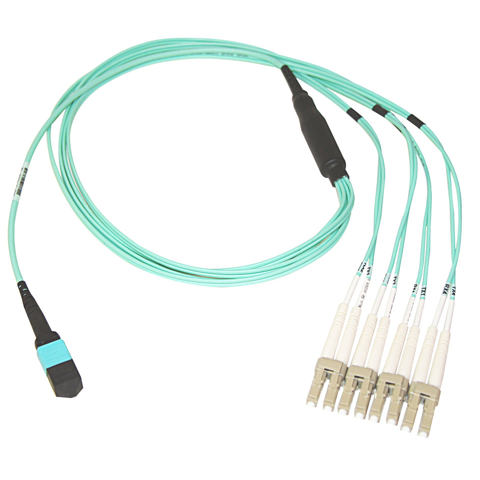 CableWholesale Plenum Fiber Optic Cable, 40 Gigabit Ethernet QSFP 40GBase-SR4 to MTP(MPO)/LC (4 Duplex LC) 24 inch Breakout Cable, OM3, 50/125, 30 meter (100 feet)