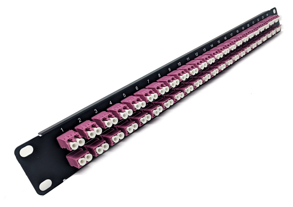 1U 48port High Density Patch Panel Loaded with LC Duplex Multimode OM4 Magenta Colored Adapters