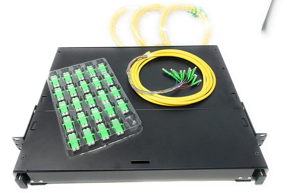 Ultra Spec Cable 1U 24 Port 19" Rack Mount Fiber Enclosure Singlemode LC-APC Kit (Includes 4 x 3 Meter 12 Strand LC-APC Pigtails and 24 x LC-APC Adapters) for Splice