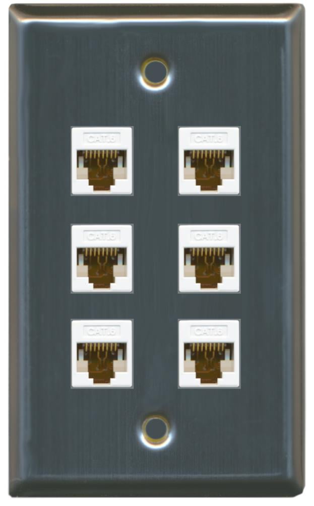 RiteAV - 6 Port Cat6 Ethernet RJ45 Female-Female Wall Plate Stainless Steel