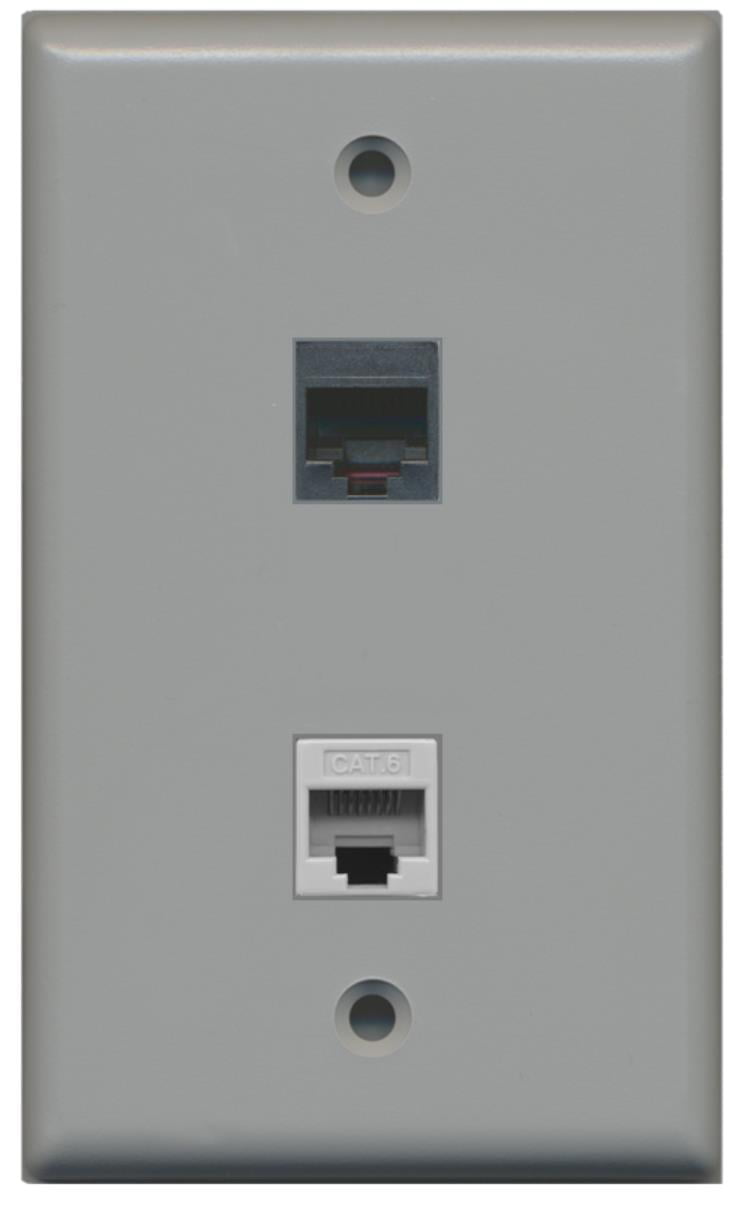 RiteAV - 1 RJ11 RJ12 Black Phone Port and 1 Cat6 Ethernet Port Wall Plate - Gray - Bracket Included