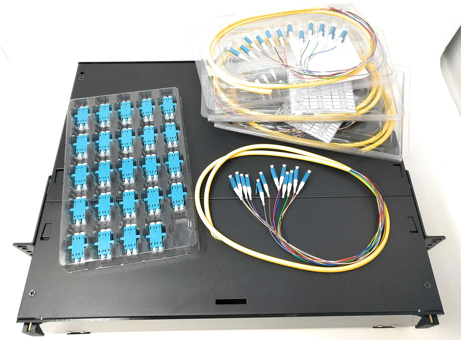 Ultra Spec Cables 2U 48 Port 19" Rack Mount Fiber Enclosure Singlemode LC-UPC Kit (Includes 8 x 3 Meter 12 Strand LC-UPC Pigtails and 48 x LC-UPC Adapters) for Splice
