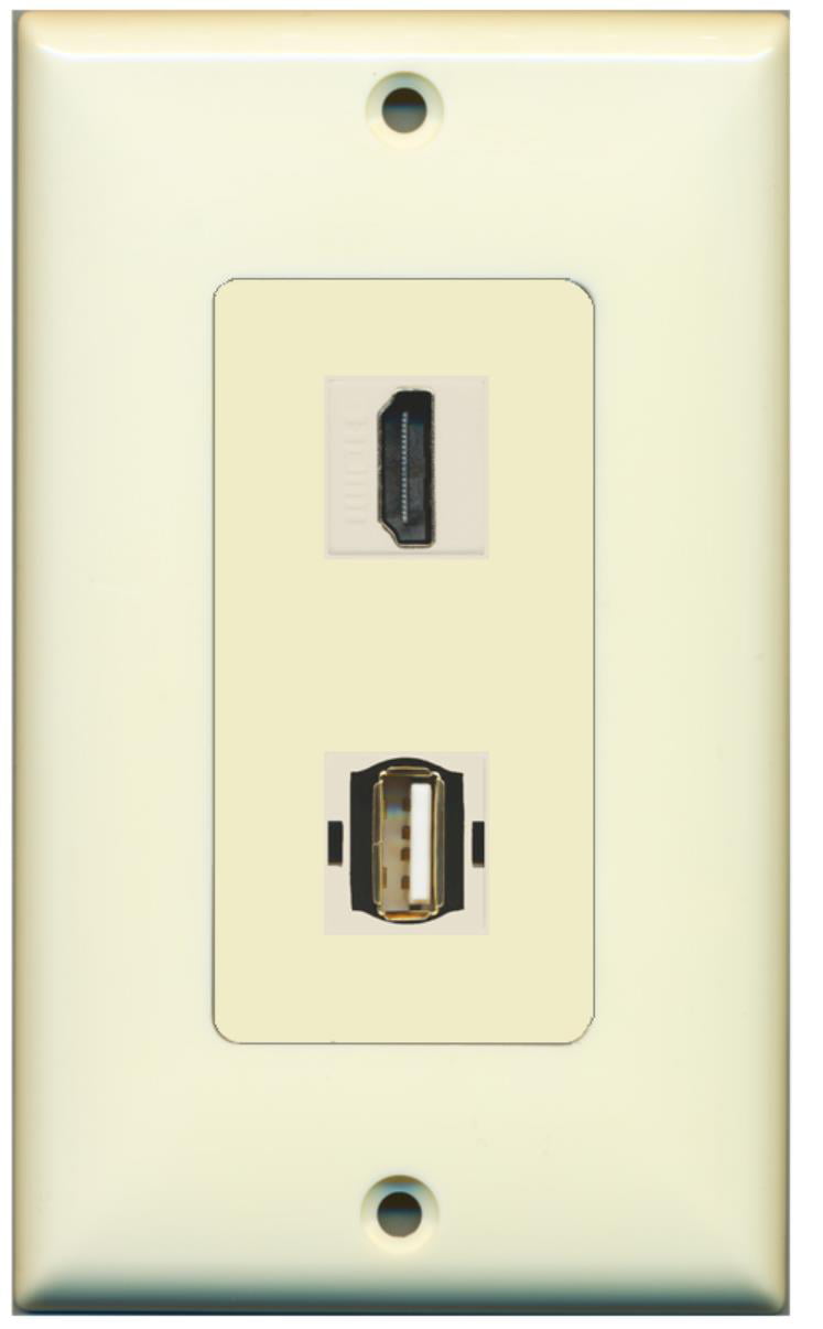 RiteAV - 1 Port USB A-A 1 Port HDMI Decorative Wall Plate - Light Almond - Bracket Included
