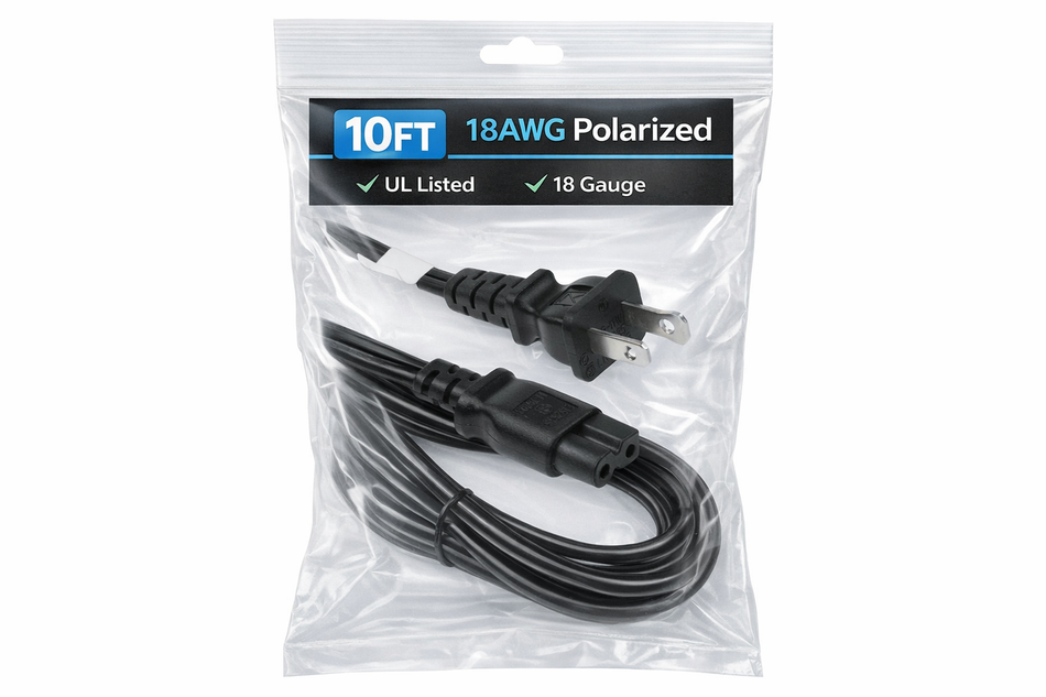 RiteAV - 10 Feet 18 AWG 2-Slot Polarized Power Cord IEC320C7 to NEMA 1-15P