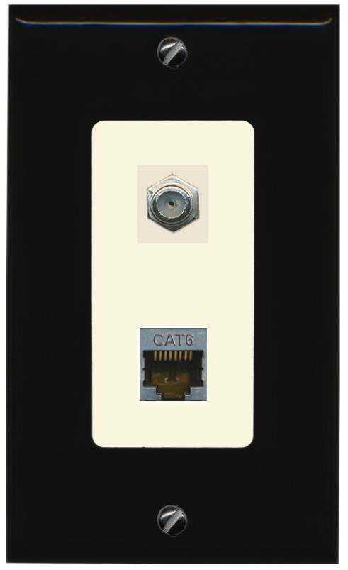 RiteAV 1 Port Cat6-Shielded Ethernet Coax Jack Wall Plate - 1 Gang [Black/Light-Almond]