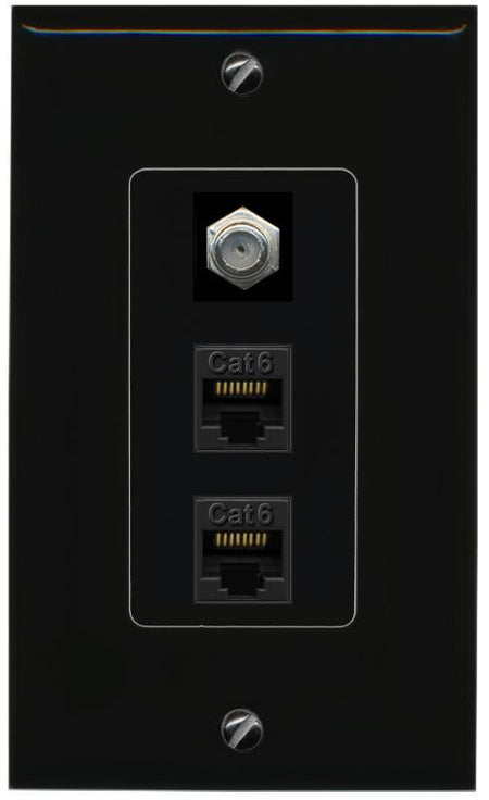 RiteAV 2 Port Cat6-Ethernet 1 Coax Cable TV Jack Decorative Wall Plate - 1 Gang [Black/Black]