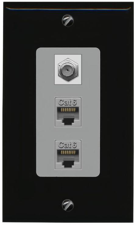 RiteAV 2 Port Cat6-Ethernet 1 Coax Cable TV Jack Decorative Wall Plate - 1 Gang [Black/Gray]