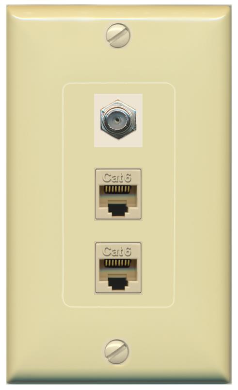 RiteAV 2 Port Cat6-Ethernet 1 Coax Cable TV Jack Decorative Wall Plate - 1 Gang [Ivory/Ivory]