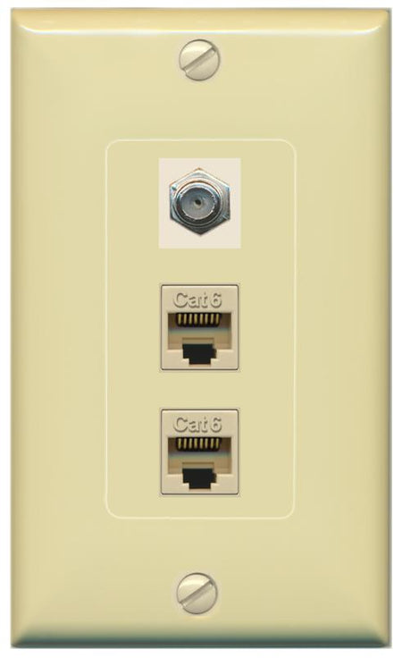 RiteAV 2 Port Cat6-Ethernet 1 Coax Cable TV Jack Decorative Wall Plate - 1 Gang [Ivory/Ivory]