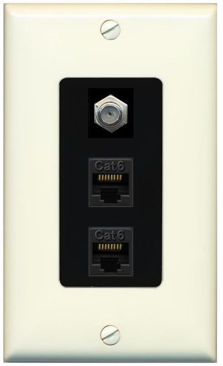 RiteAV 2 Port Cat6-Ethernet 1 Coax Cable TV Jack Decorative Wall Plate - 1 Gang [Light-Almond/Black]