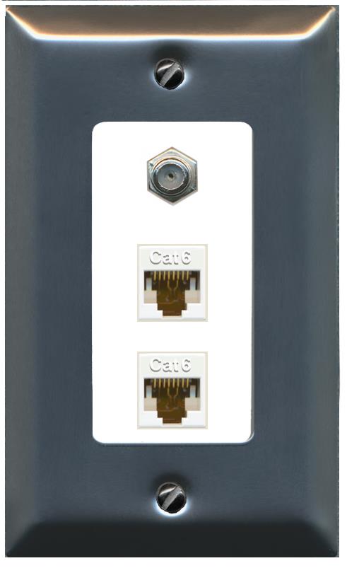 RiteAV 2 Port Cat6-Ethernet 1 Coax Cable TV Jack Decorative Wall Plate - 1 Gang [Stainless/White]