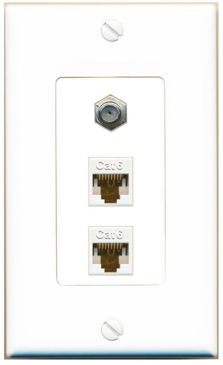 RiteAV 2 Port Cat6-Ethernet 1 Coax Cable TV Jack Decorative Wall Plate - 1 Gang [White]