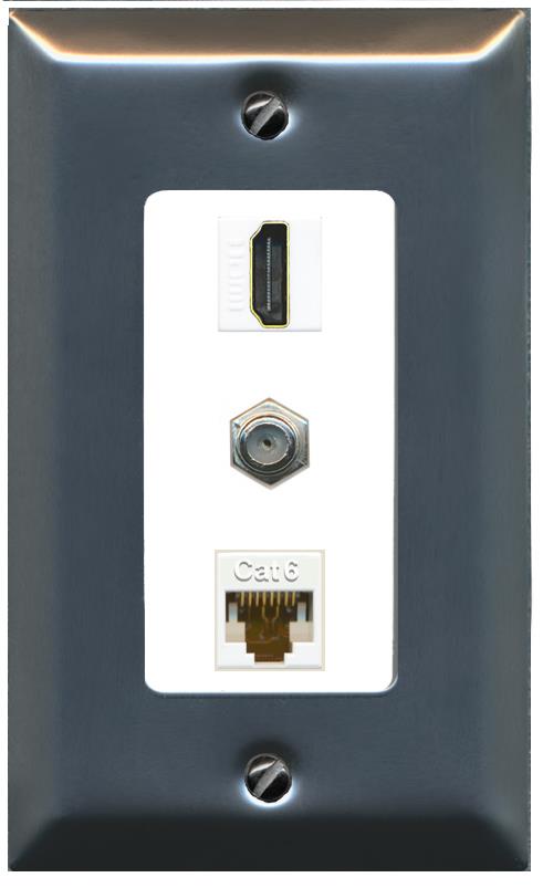 RiteAV 1 Port Coax Cat6-Ethernet HDMI Wall Plate - 1 Gang [Stainless/White]