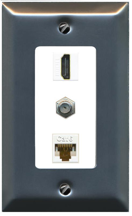 RiteAV 1 Port Coax Cat6-Ethernet HDMI Wall Plate - 1 Gang [Stainless/White]