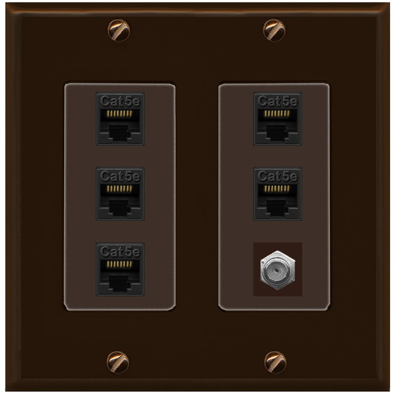 RiteAV 5 Port Cat5e Ethernet and 1 x Coax Wall Plate - 2 Gang [Brown/Brown]