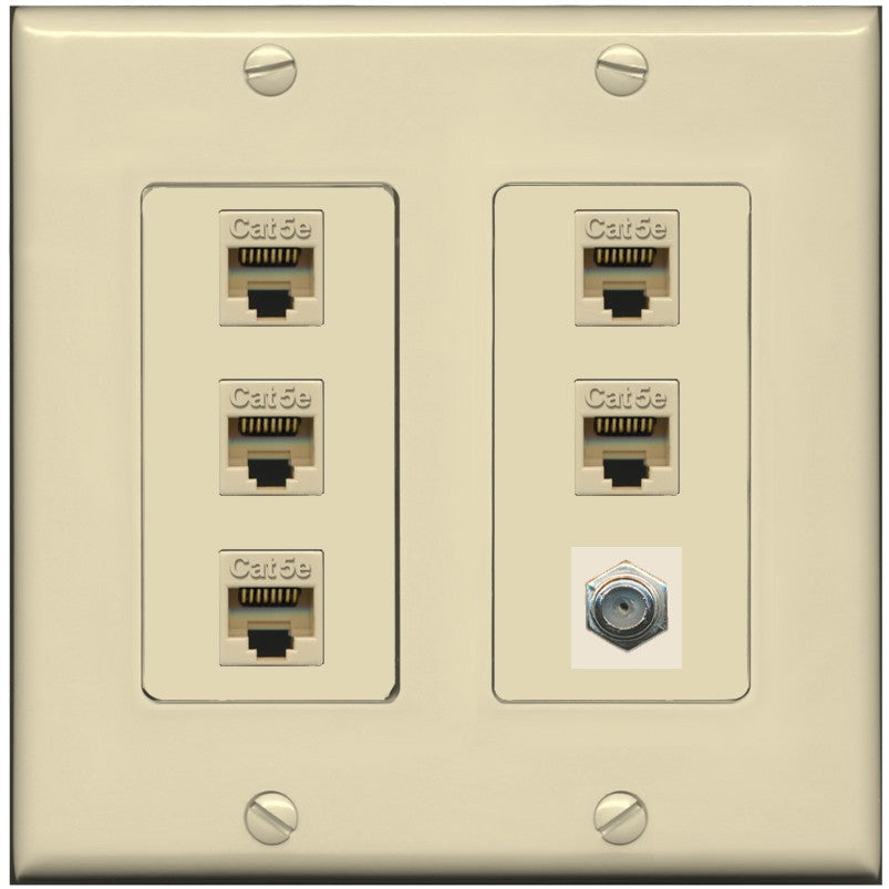 RiteAV 5 Port Cat5e Ethernet and 1 x Coax Wall Plate - 2 Gang [Ivory/Ivory]
