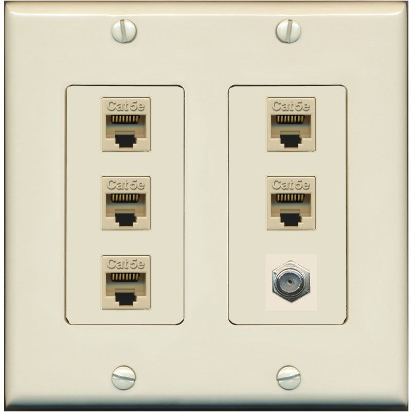 RiteAV 5 Port Cat5e Ethernet and 1 x Coax Wall Plate - 2 Gang [Light-Almond]