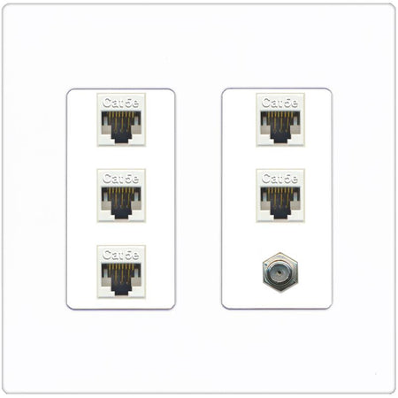 RiteAV 5 Port Cat5e Ethernet and 1 x Coax Wall Plate - 2 Gang [Screwless White]