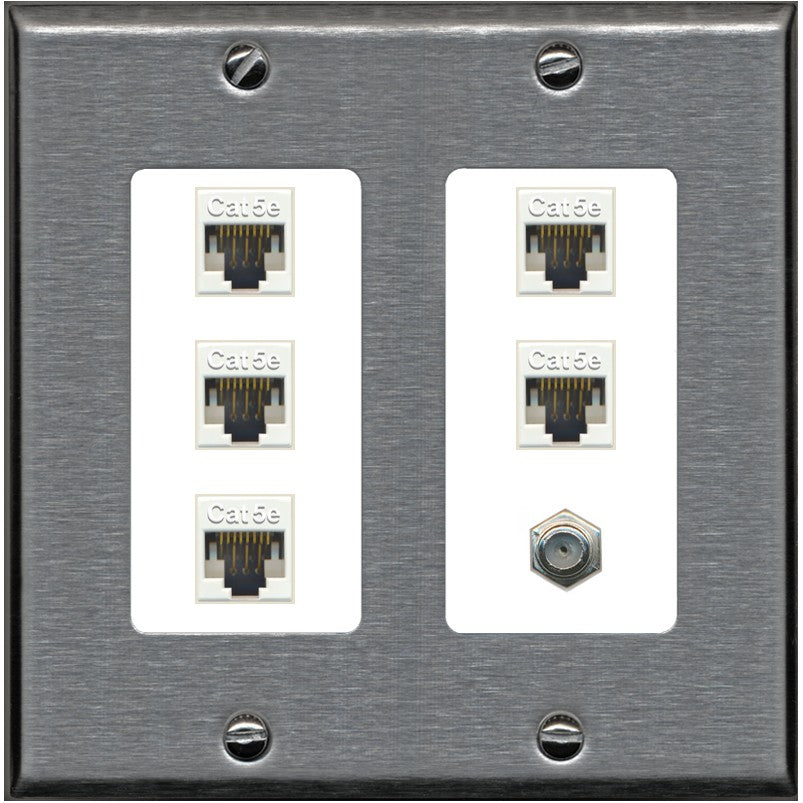 RiteAV 5 Port Cat5e Ethernet and 1 x Coax Wall Plate - 2 Gang [Stainless/White]