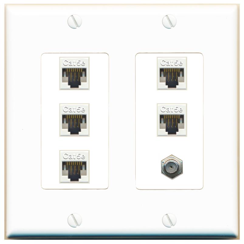 RiteAV 5 Port Cat5e Ethernet and 1 x Coax Wall Plate - 2 Gang [White]